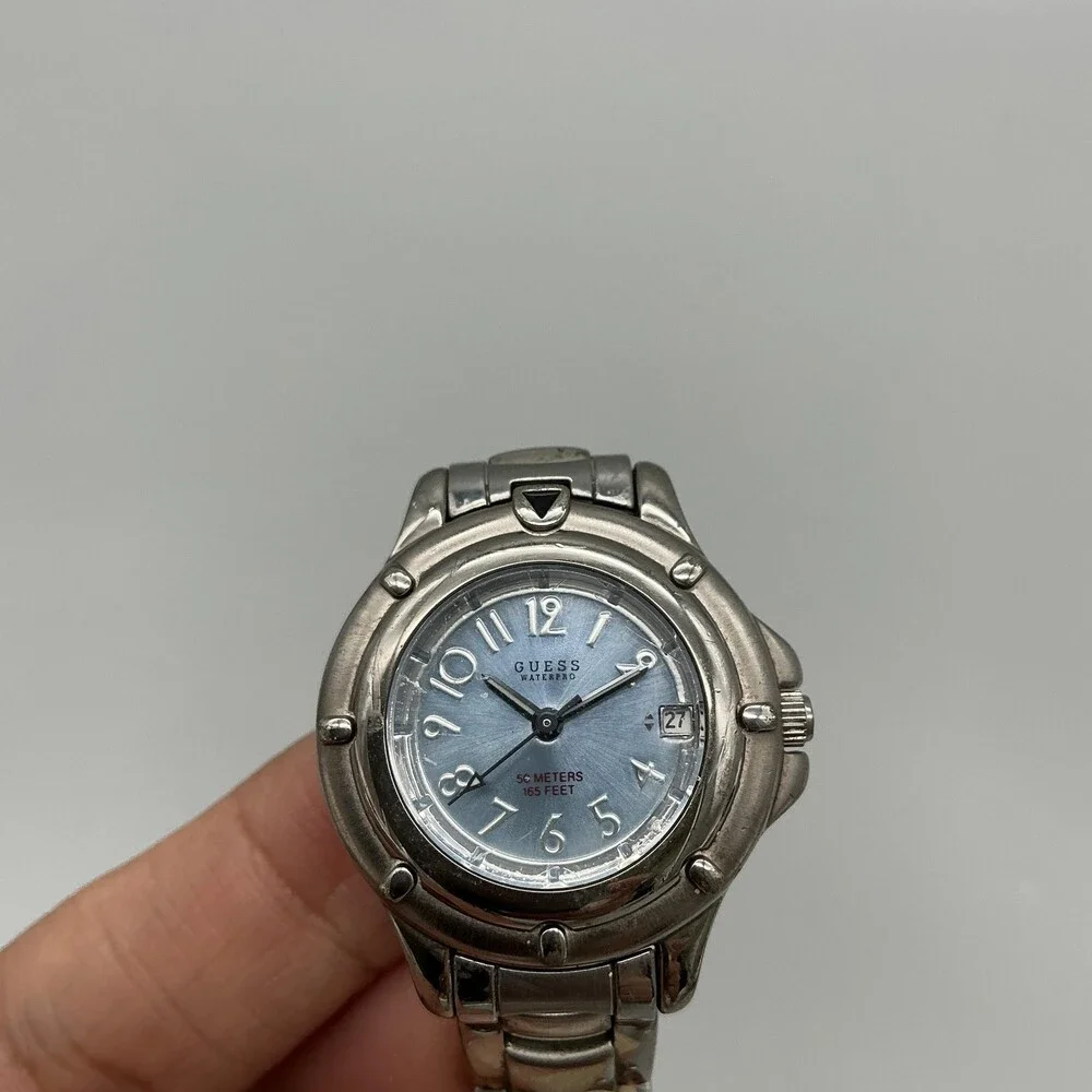 Guess Waterpro Womens Watch 29mm Blue Dial Date Silver Tone New Battery 5.75